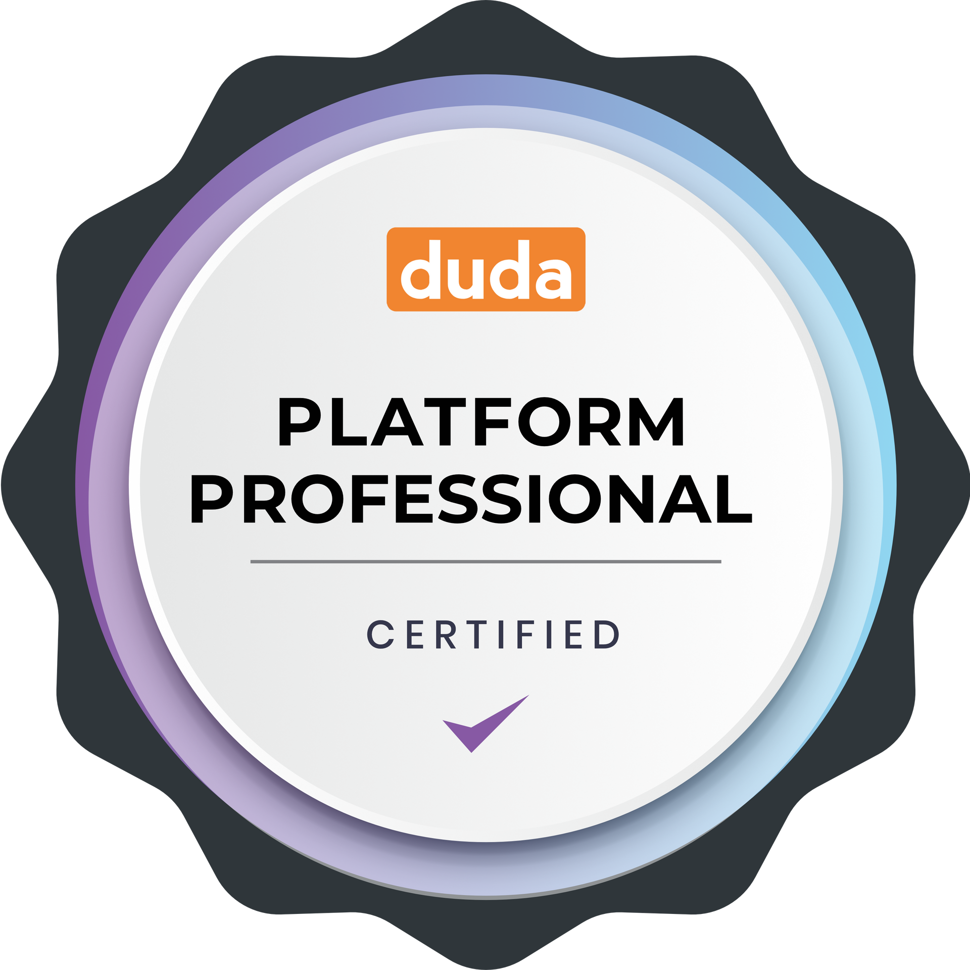 a badge that says Duda platform professional certified on it .
