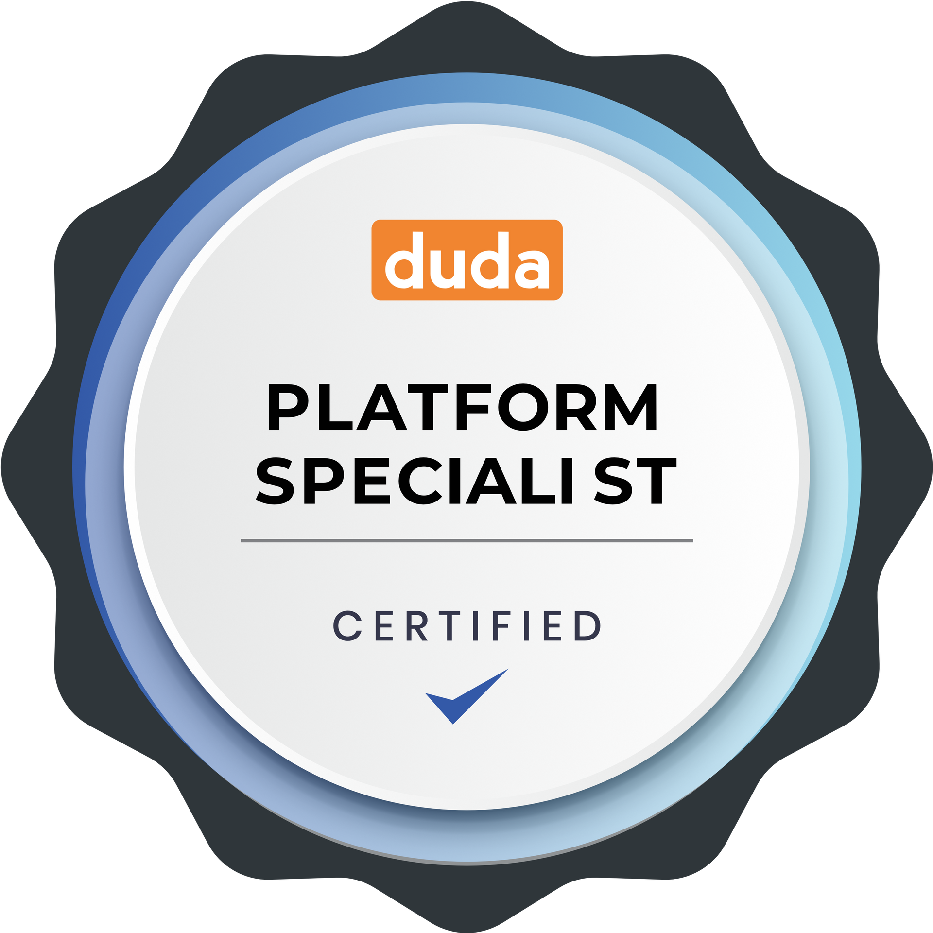 a badge that says Duda platform specialist certified on it .