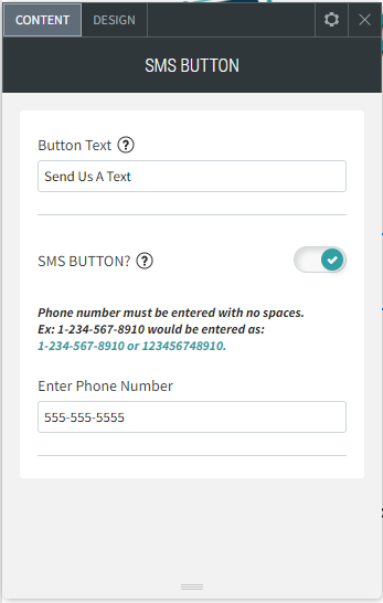 A screenshot of a web page that says sms button