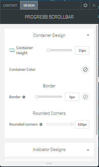 A screenshot of a progress scrolling bar with a container design and indicator designs.