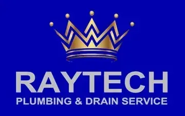 RAYTECH PLUMBING INC. Logo for Raytech Plumbing & Drain Service: gold crown, silver text on a blue background.