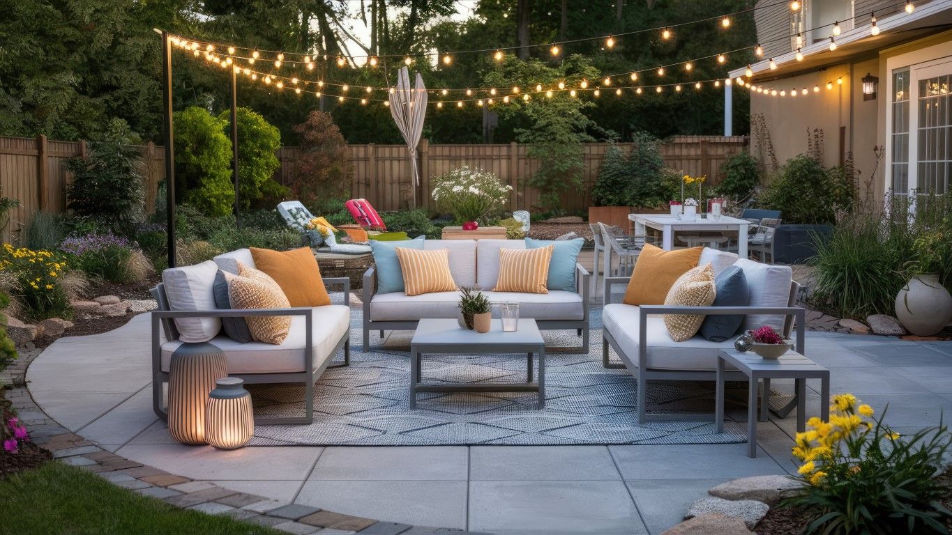 Outdoor patio with seating, string lights, and lush landscaping.
