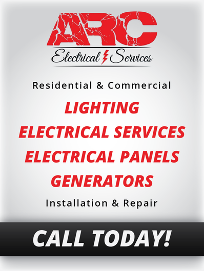 ARC Electrical Services promotional image featuring services like lighting, electrical panels, and generators for both residential and commercial, with a call to action.