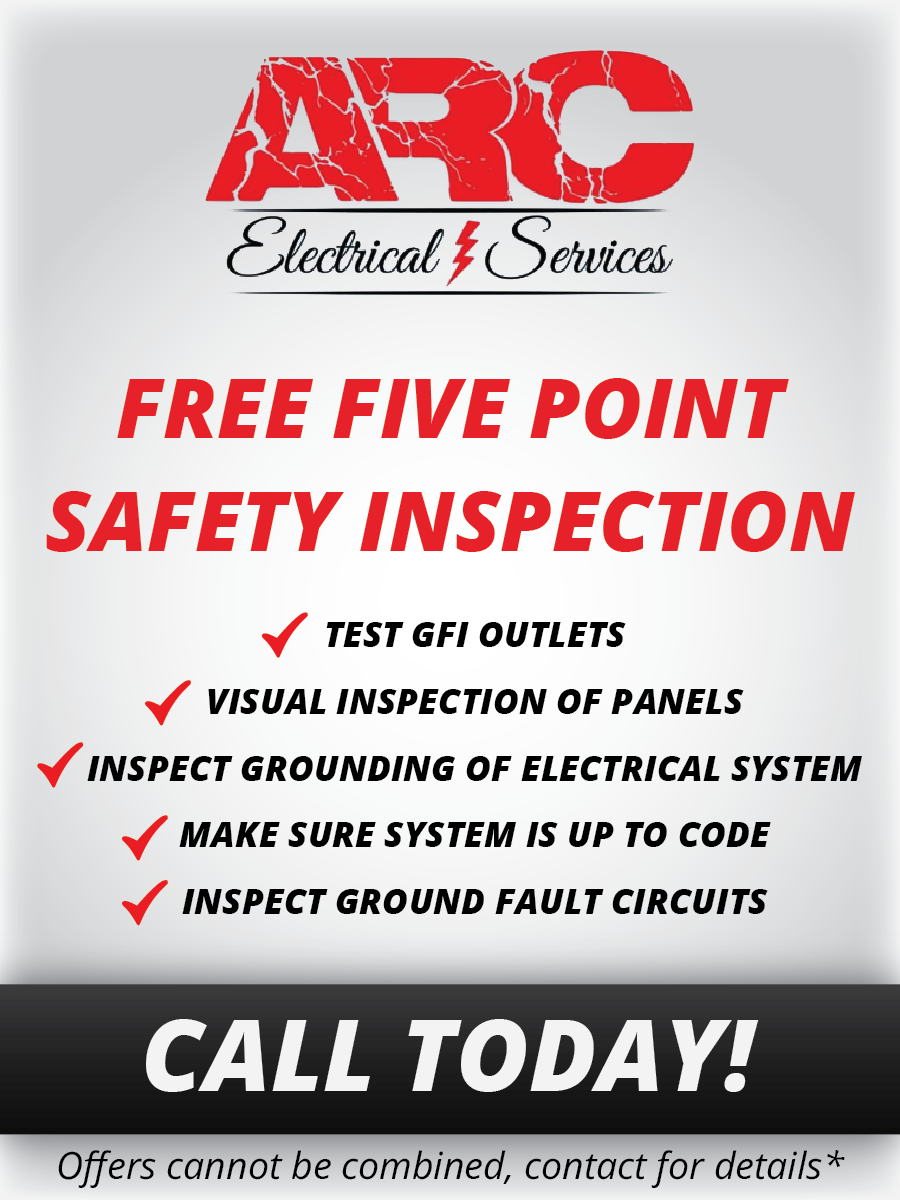 ARC Electrical Services promotion offering a free five-point safety inspection, including testing GFI outlets, inspecting panels, checking grounding, ensuring code compliance, and inspecting ground fault circuits.