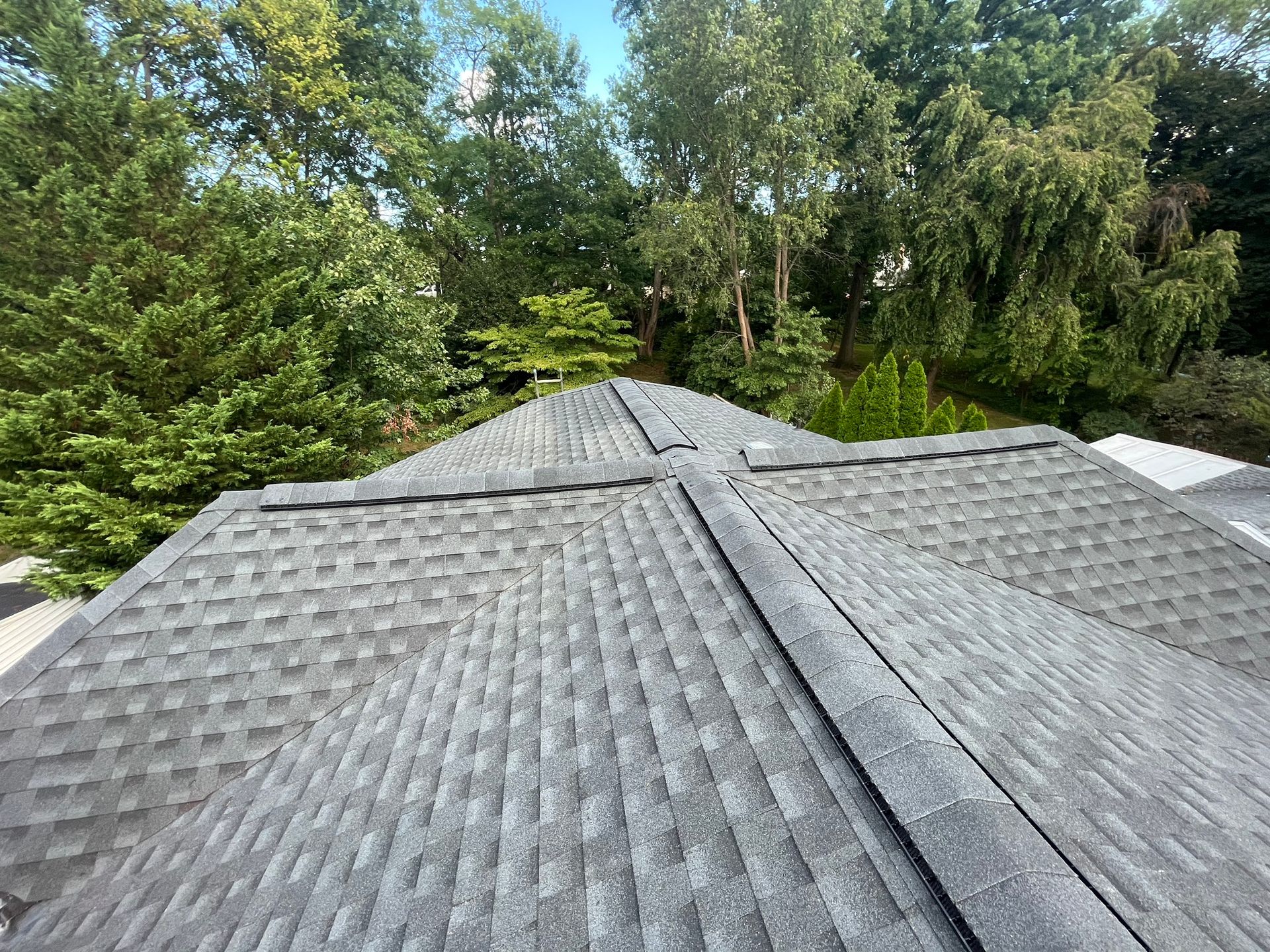 A high-angle view of a gray asphalt shingle roof with a central ridge line, set against a backdrop of green trees.