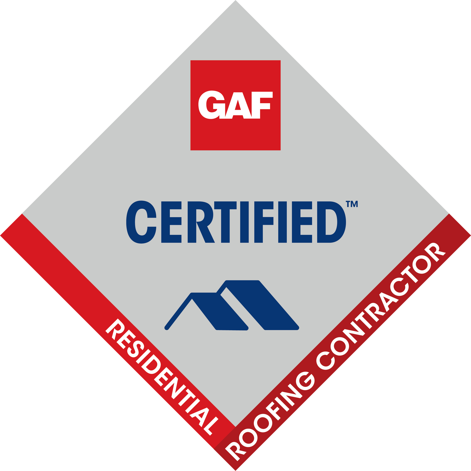 Diamond-shaped GAF Certified Residential Roofing Contractor logo in gray, red, and blue.