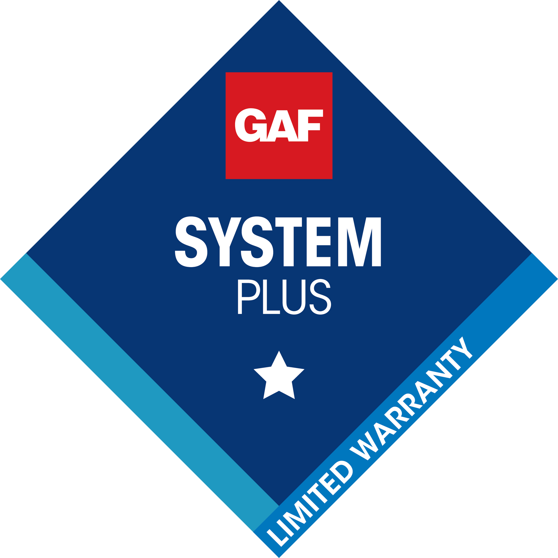 A blue diamond-shaped GAF System Plus Limited Warranty logo with a red square, white text, and a white star.