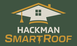 Logo for Hackman SmartRoof featuring a house icon combined with a graduation cap shape in white and gold on a dark green background.