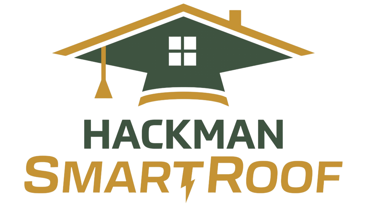 A logo for Hackman SmartRoof, featuring a dark green graduation cap shaped like a house with a gold tassel and lightning.