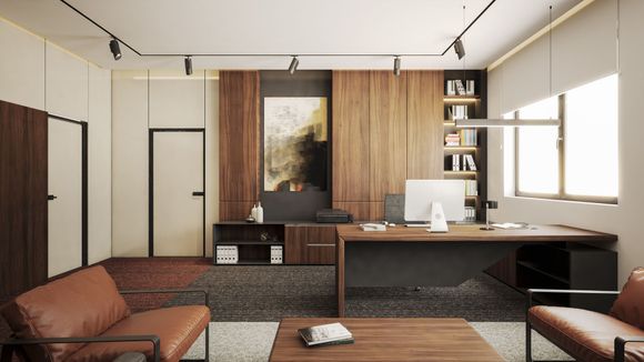 Ufficio moderno con pannelli in legno, scrivania, opere d'arte e sedute in pelle.
