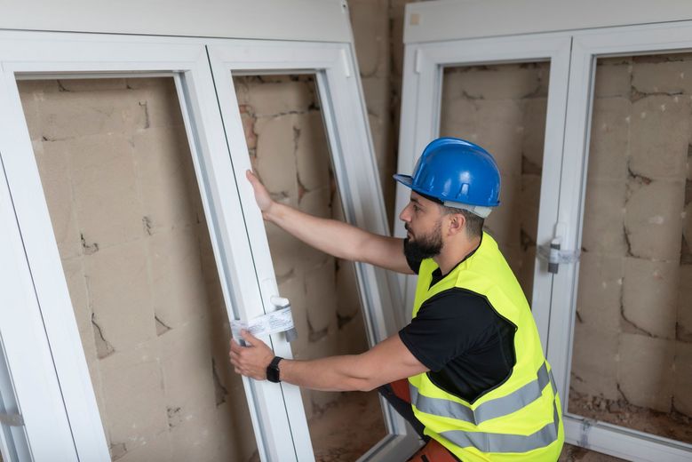 Operaio edile con casco e giubbotto di sicurezza mentre installa una finestra bianca.
