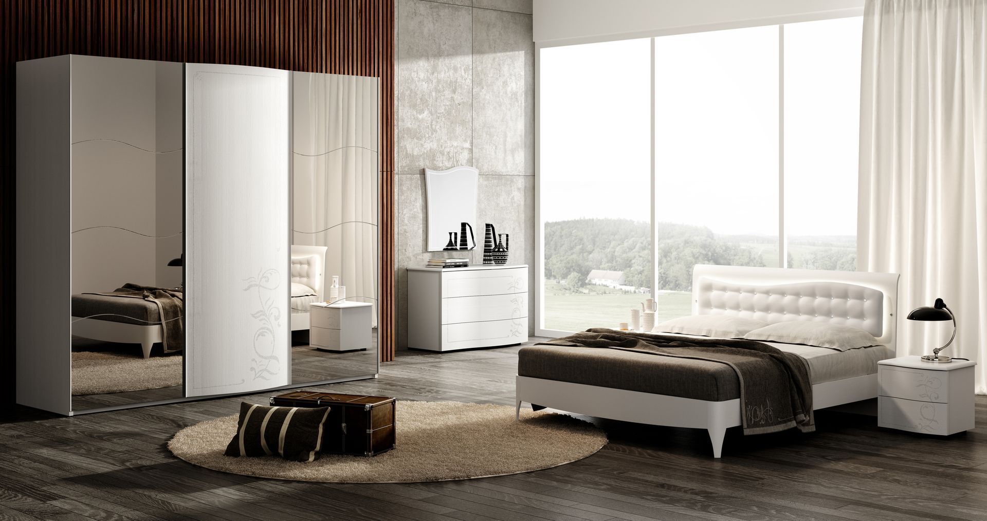 Camera da letto moderna con mobili bianchi, ampia finestra e armadio a specchio.