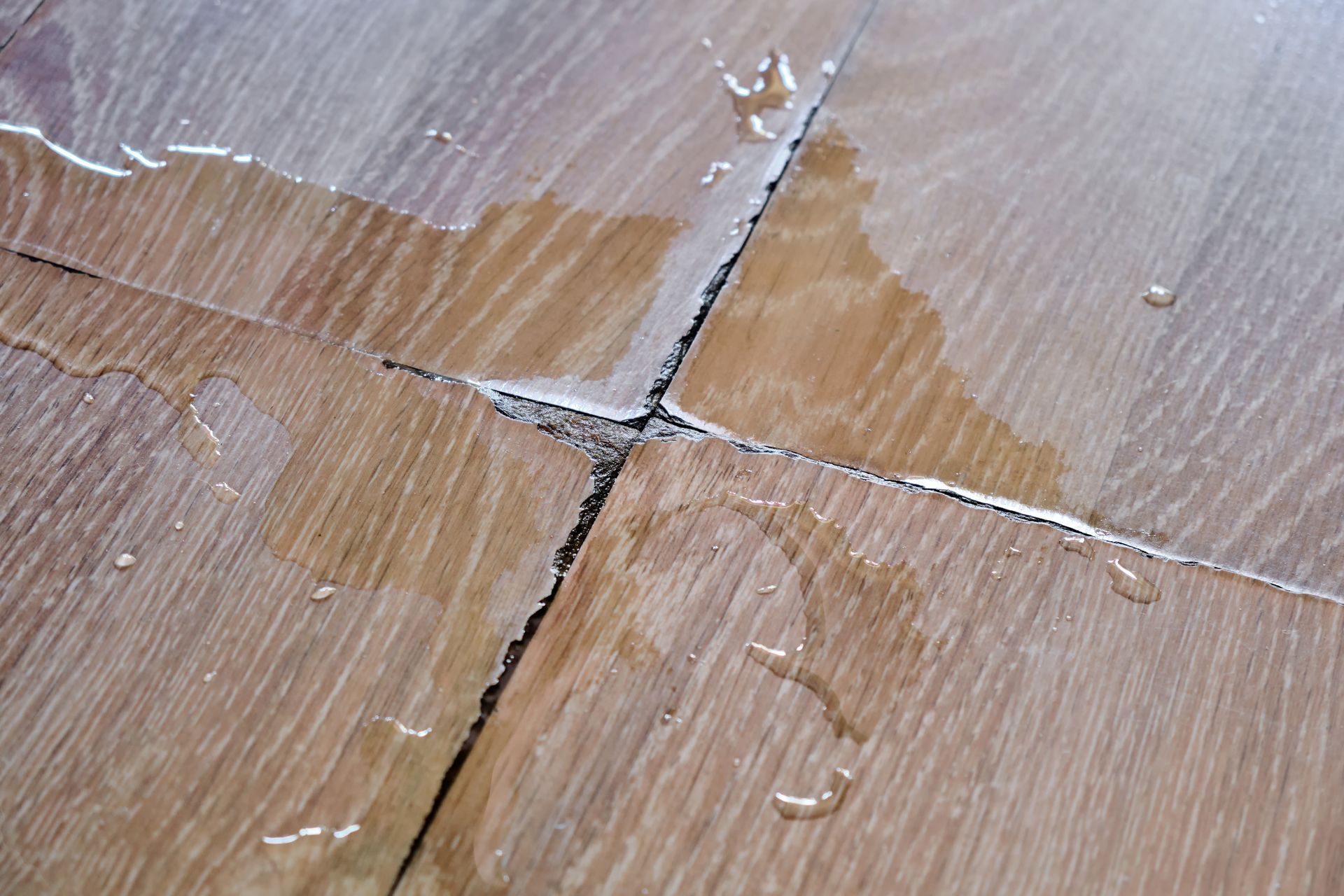 Close-up a wooden laminate in an apartment damaged by water in need of restoration.