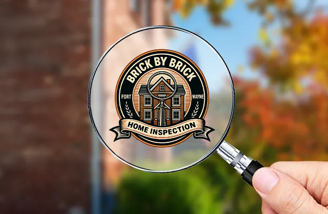 A person is holding a magnifying glass with the brick by brick home inspections logo on it.
