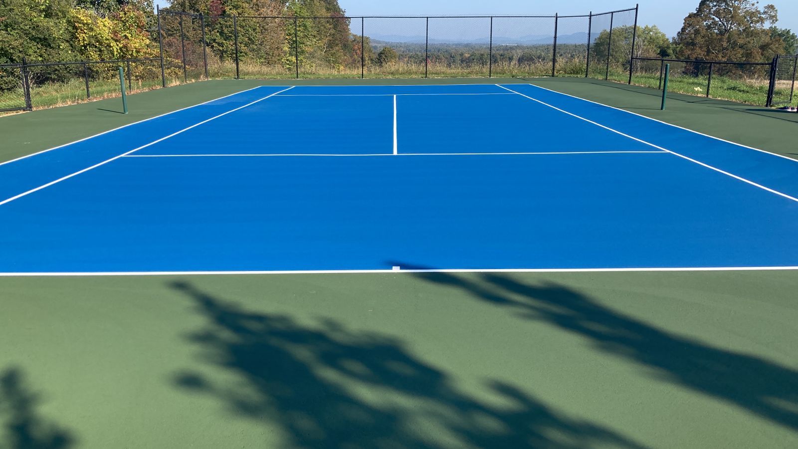 A blue and green tennis court with trees in the background