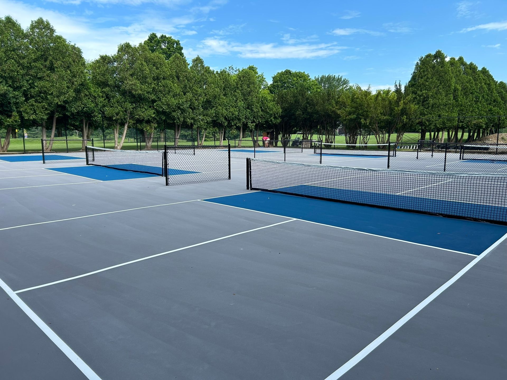 A tennis court in a park with trees in the background