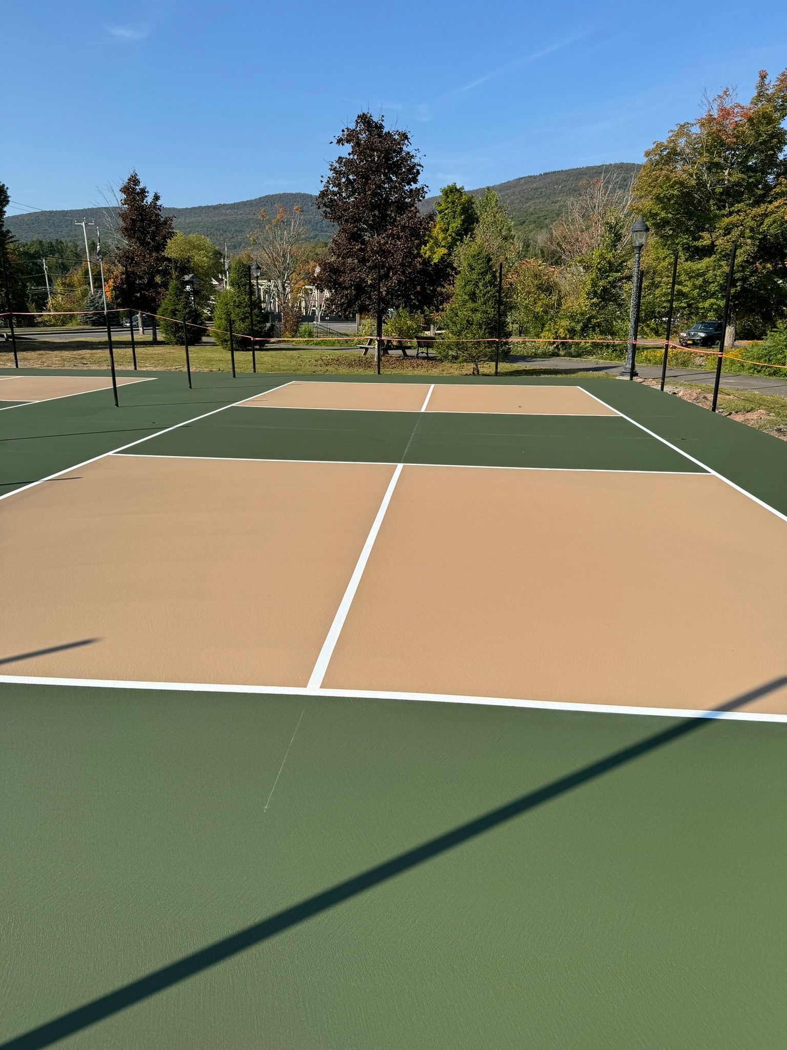 A tennis court in a park with trees in the background