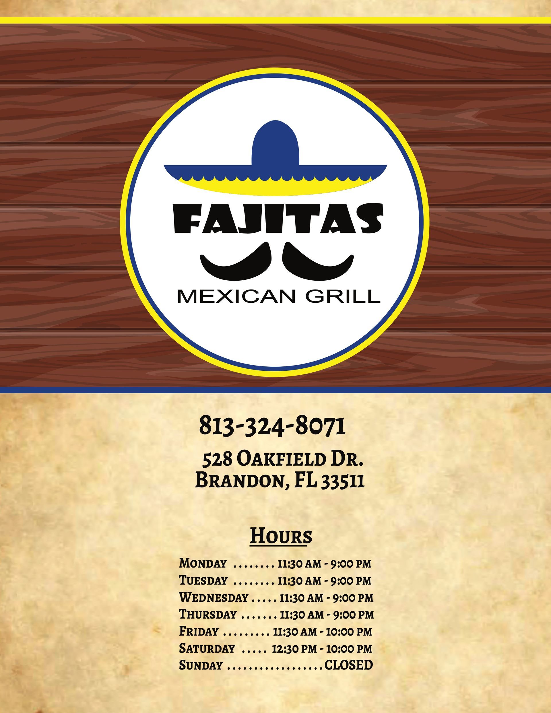A menu for fajitas mexican grill in brandon florida