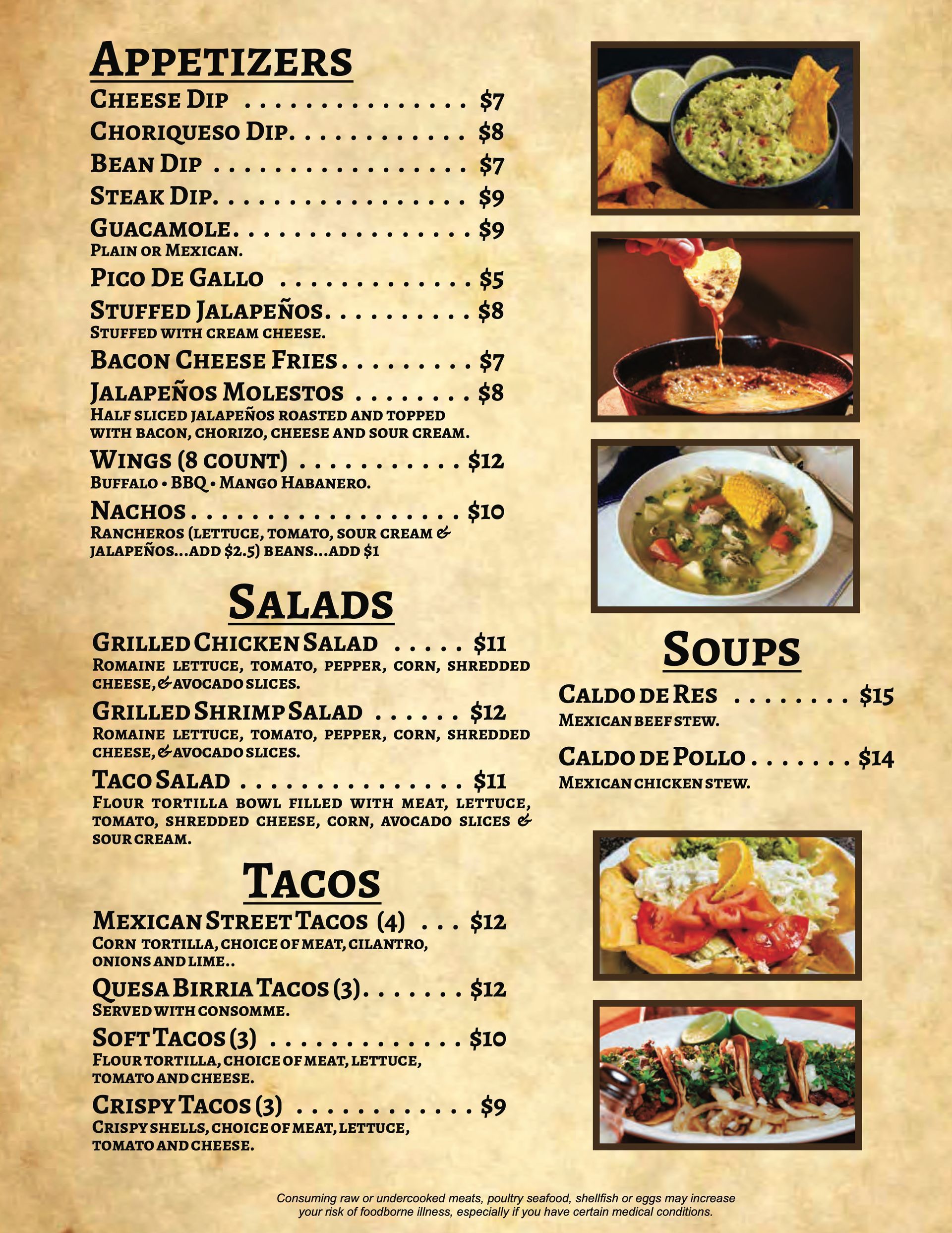 A menu for a restaurant includes appetizers salads soups and tacos