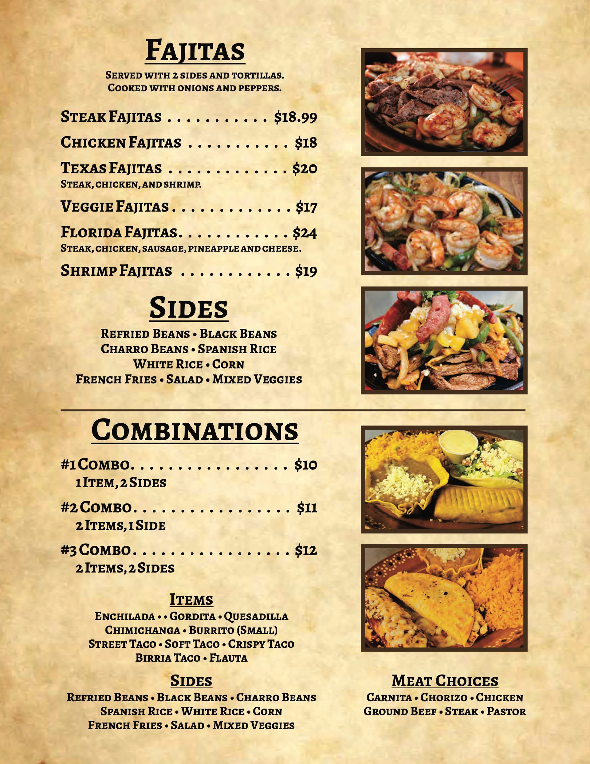 A menu for fajitas and combinations with pictures of food