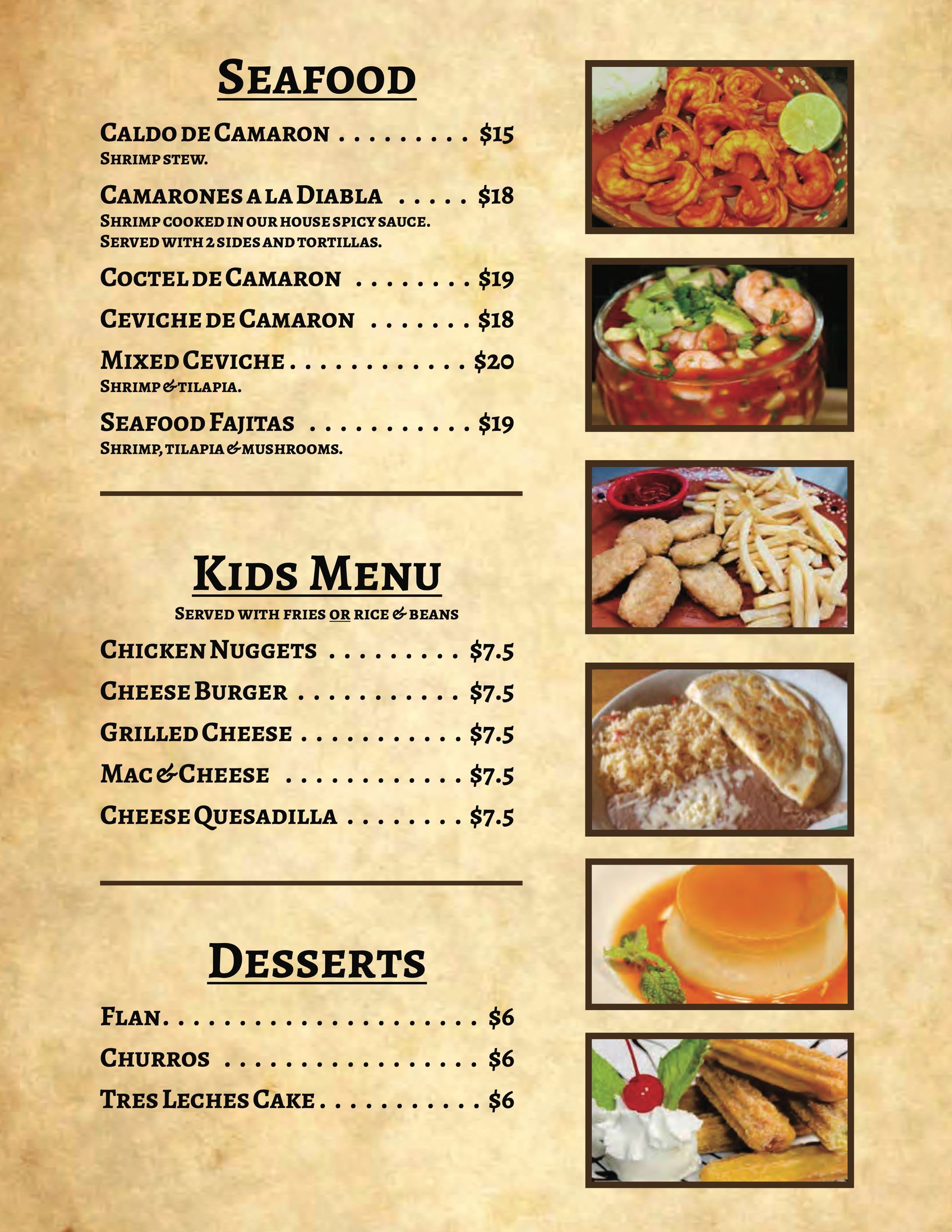 A menu for a restaurant includes seafood and desserts