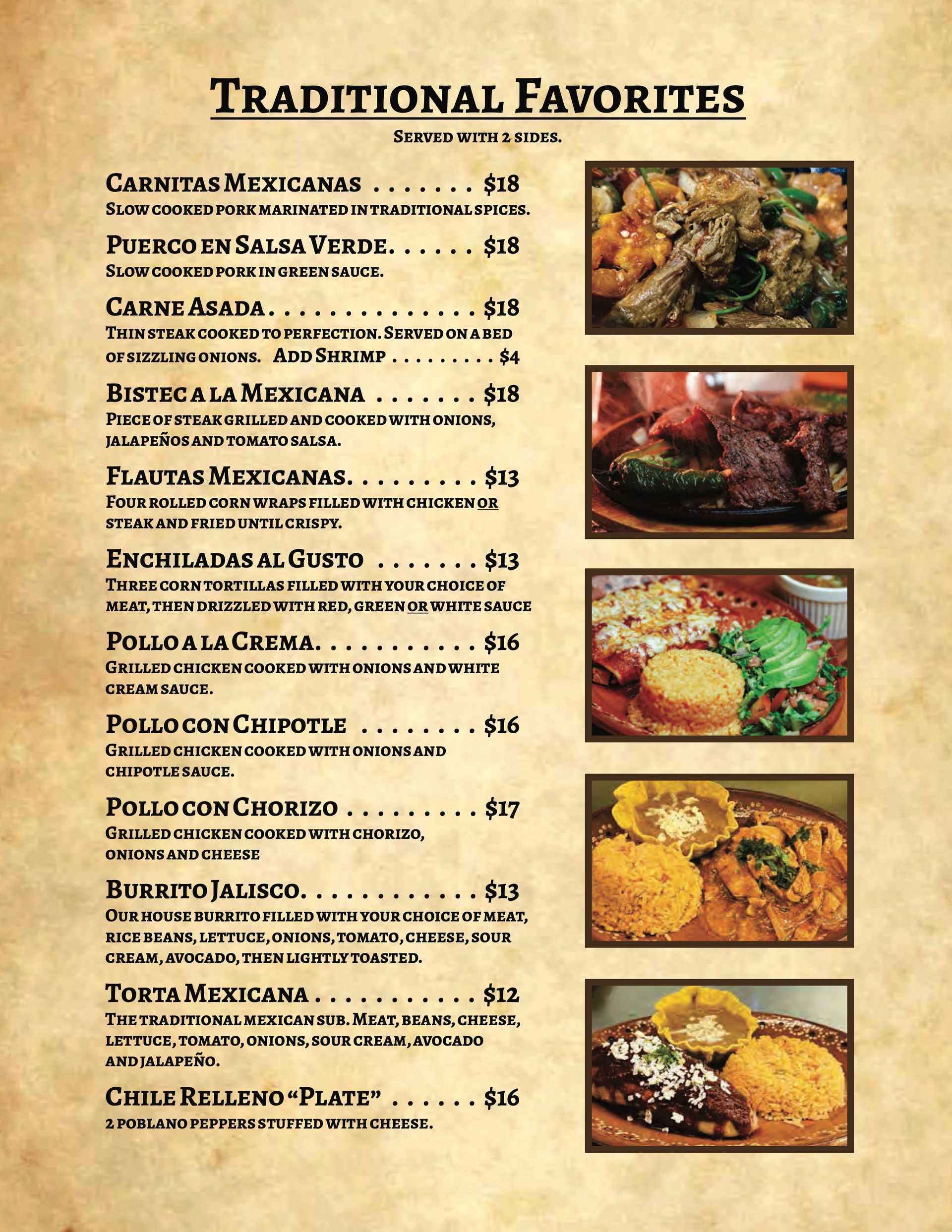 A menu with traditional favorites on it