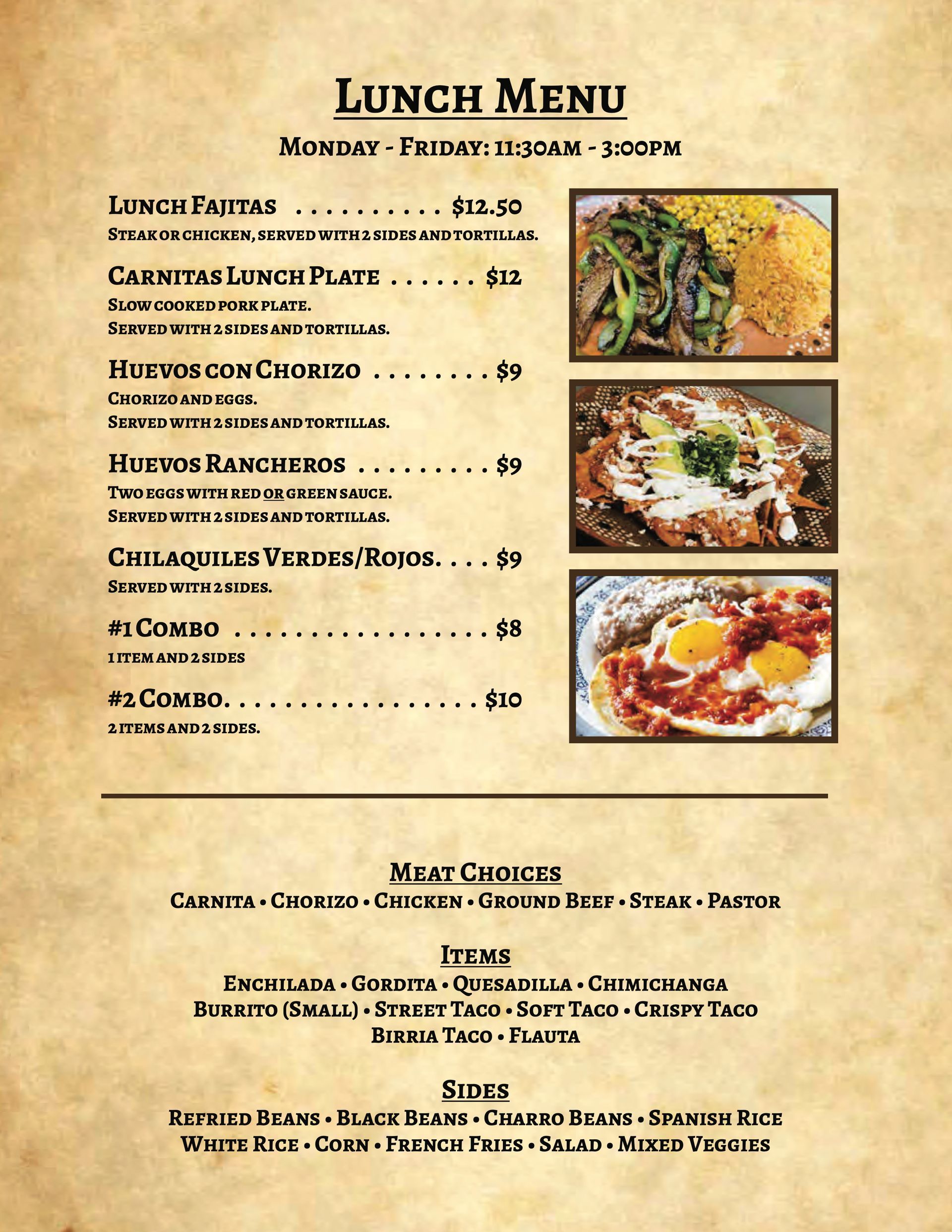 A lunch menu for a restaurant with pictures of food on it