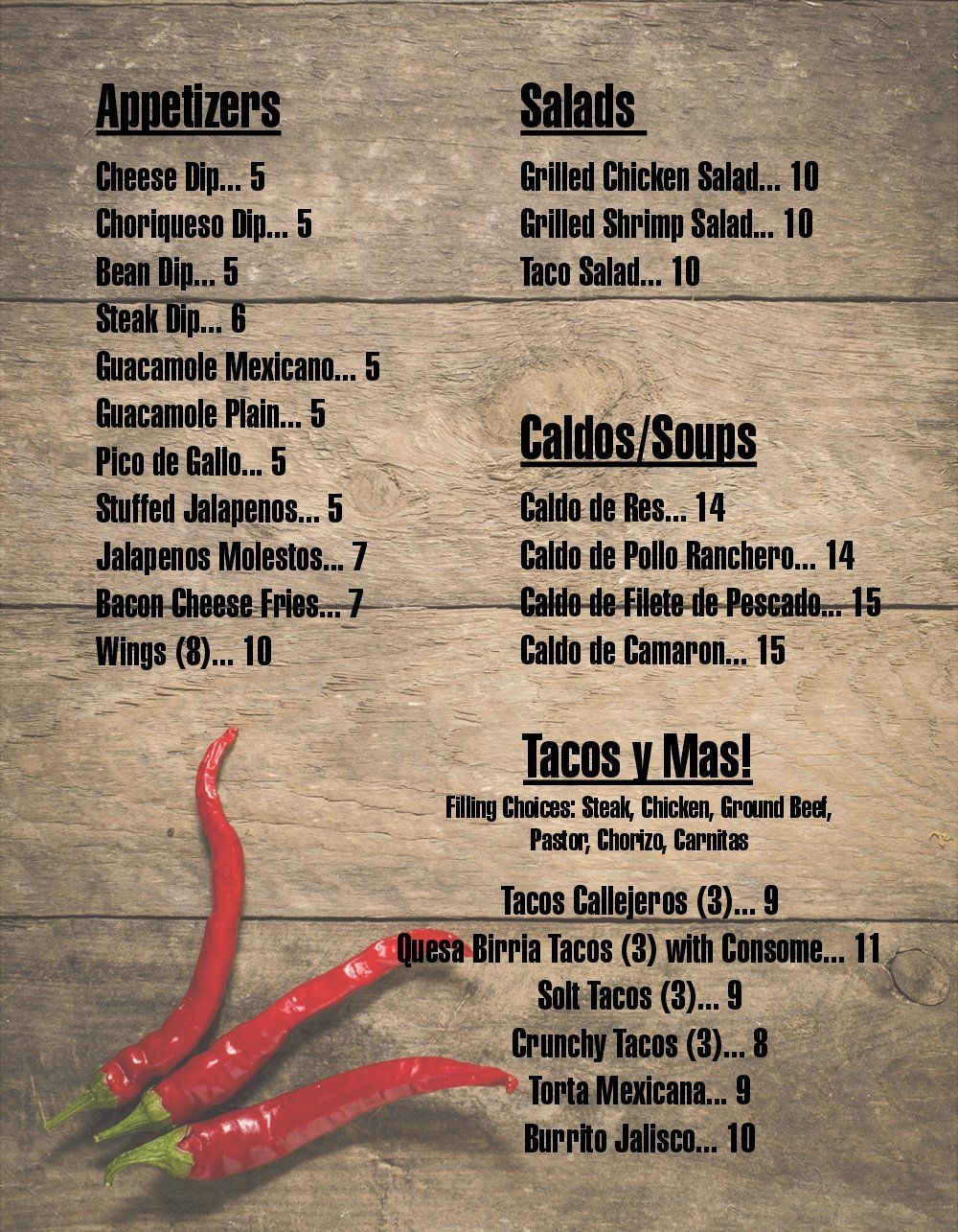 Menu Page for Fajitas Mexican Grille