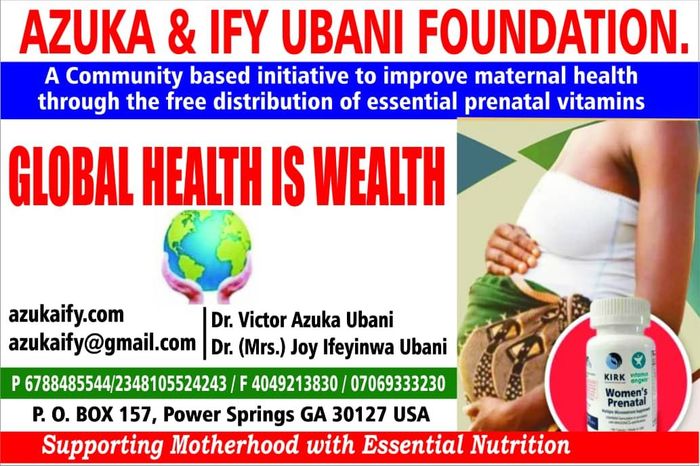 Flyer for the Azuka & Ify Ubani Foundation promoting free prenatal vitamins for maternal health.
