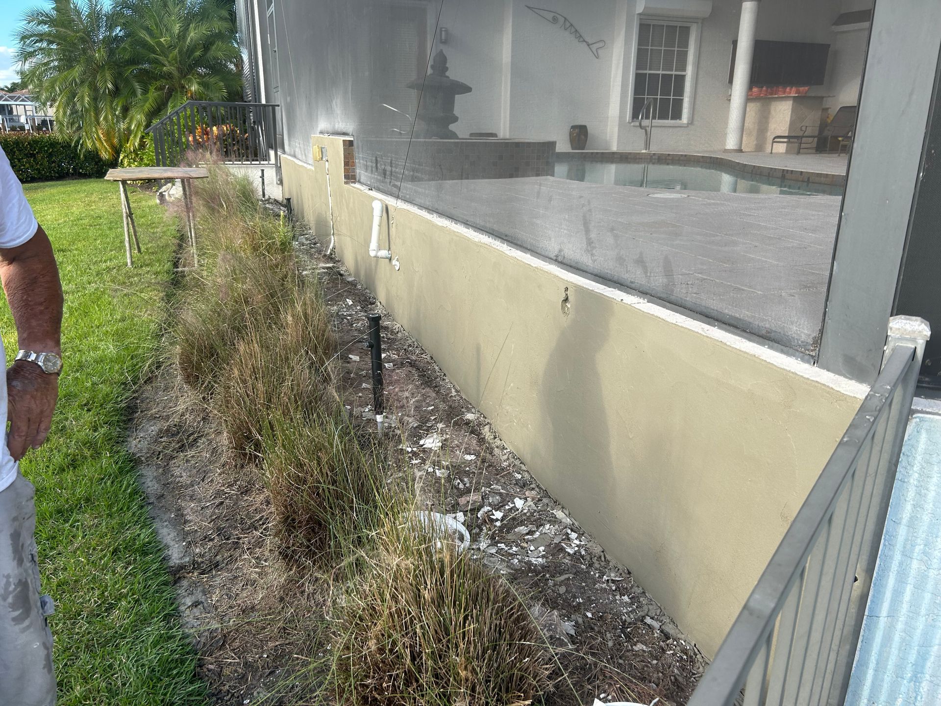 Person standing near a beige wall with dead plants.  Pool and screened patio visible in the background.