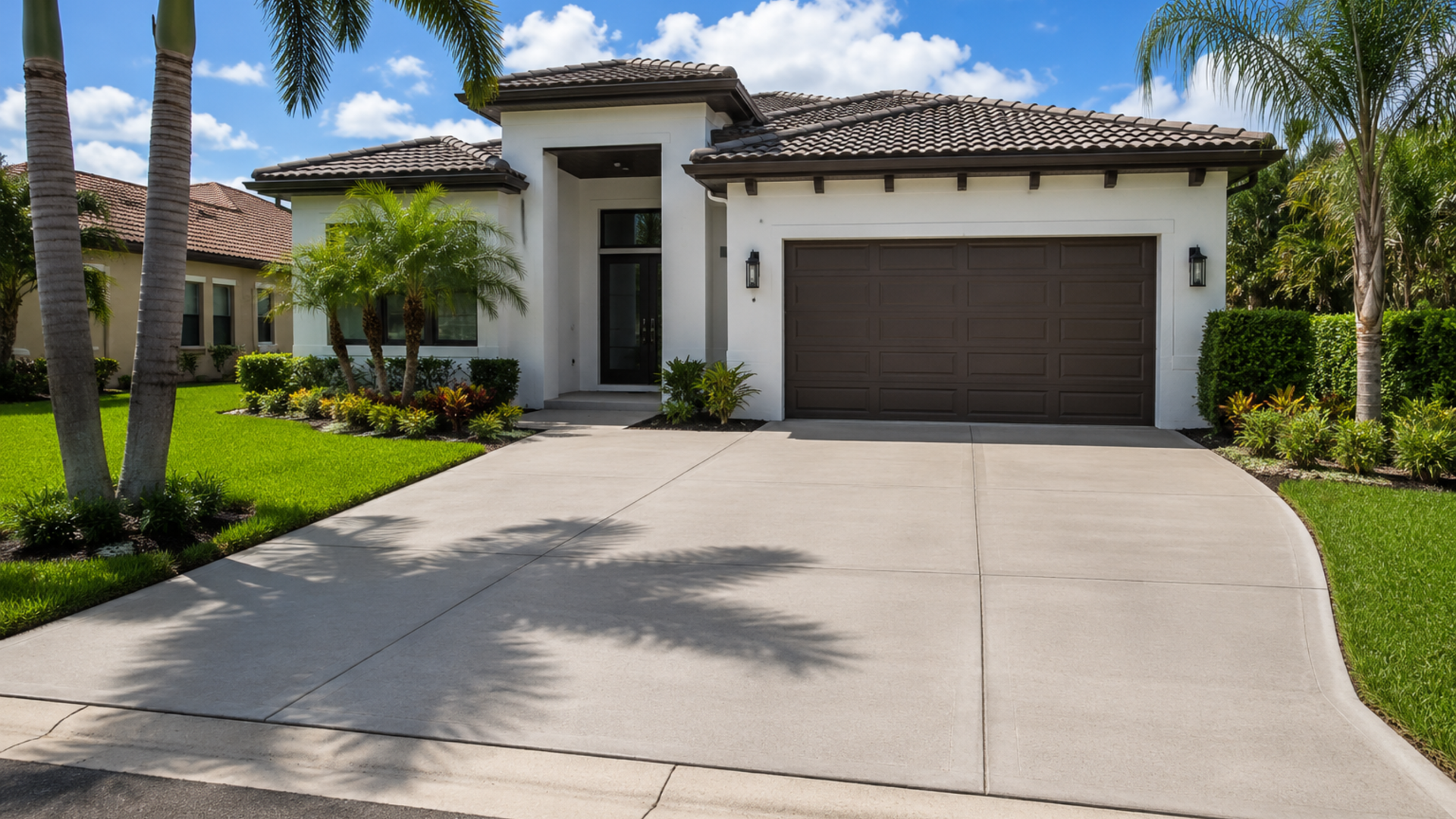Concrete driveway installation in Naples FL showing fresh concrete being poured and finished