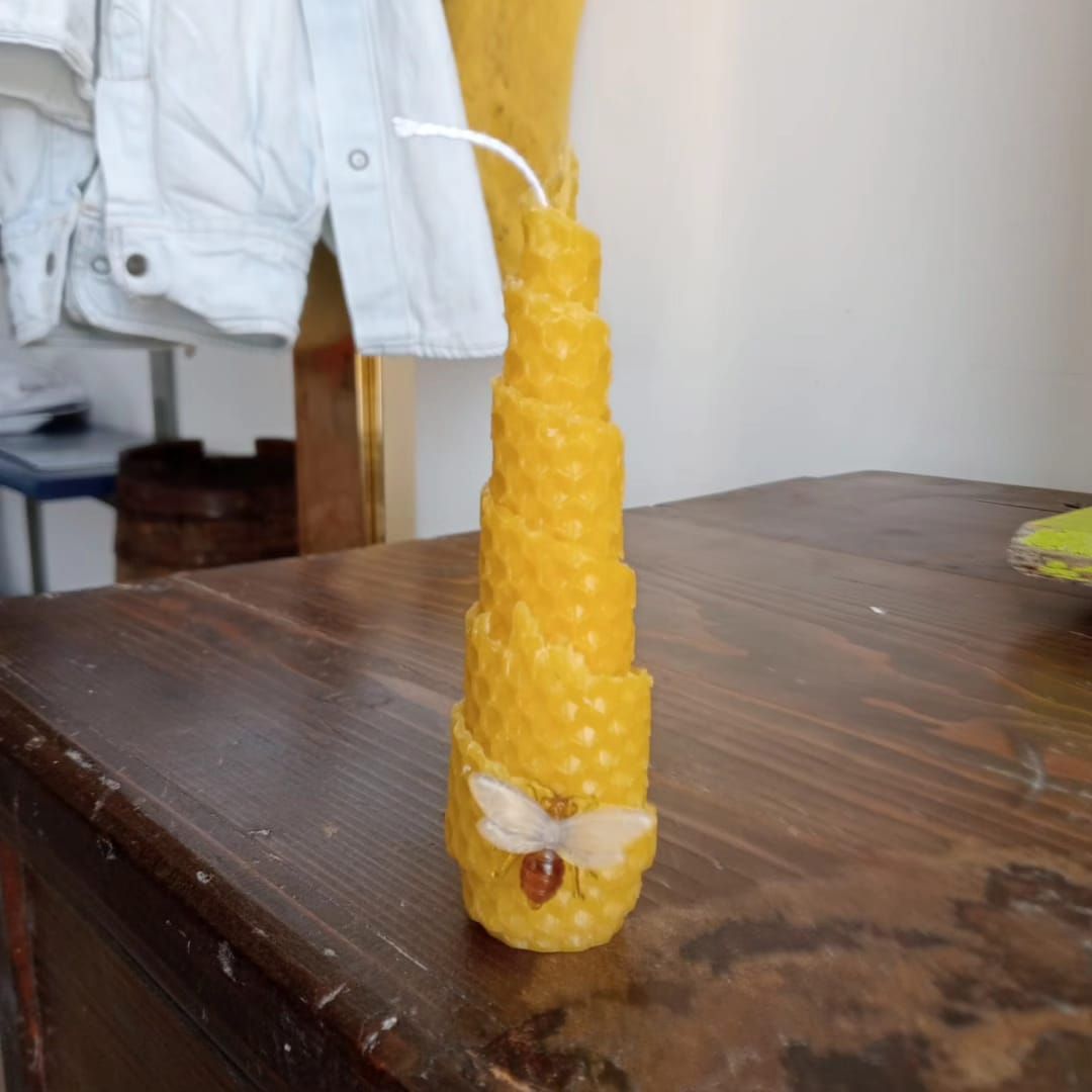 Un uomo con un cappello giallo è in piedi davanti a una fila di alveari.