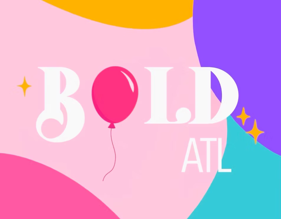 "BOLD ATL" text with balloon, various pastel colored shapes, and stars.