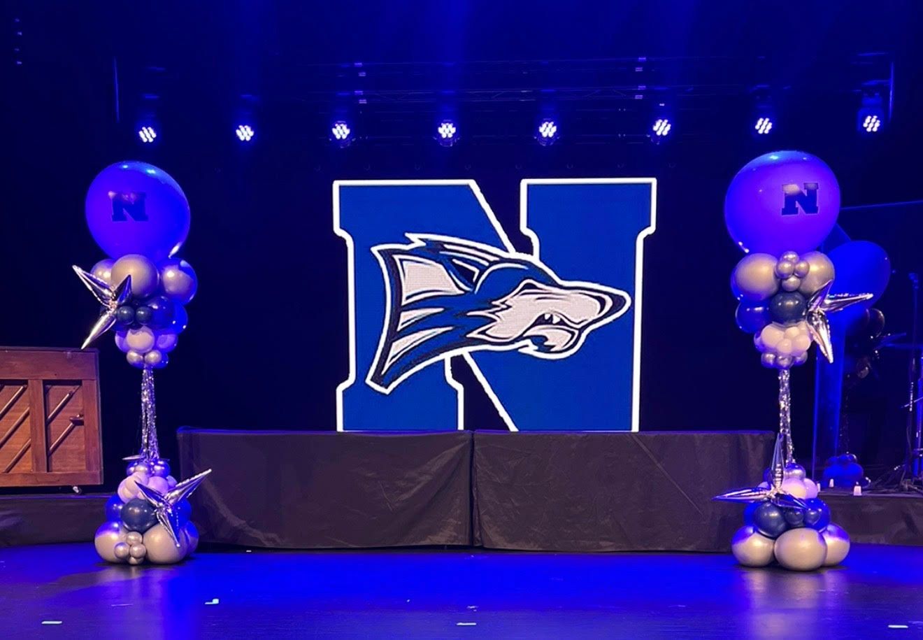 Stage set with a large blue 