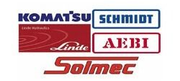 Loghi di Komatsu, Schmidt, Aebi, Linde e Solmec in blu, rosso e bianco