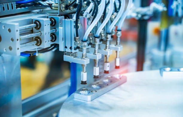 Braccio robotico industriale che assembla componenti su una linea di produzione in fabbrica.