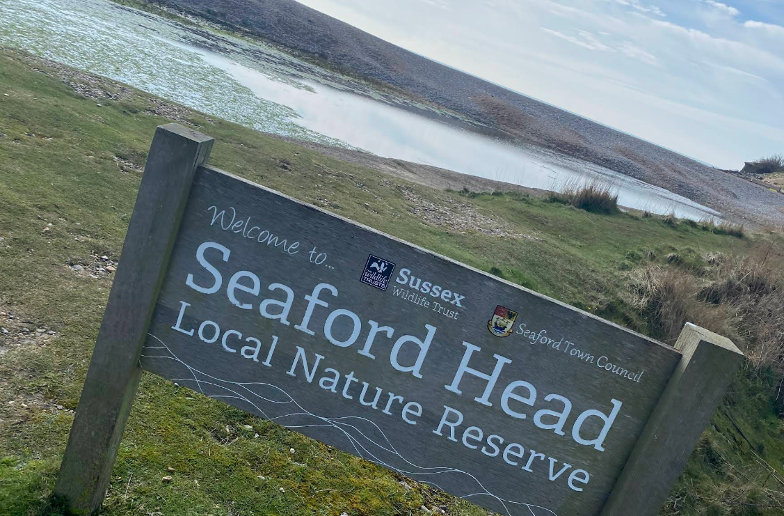 Sign for Seaford Head Local Nature Reserve against a watery landscape, grassy hill.