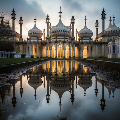 Brighton Royal Pavilion reflected in a puddle after rain, with ornate architecture and glowing interior lights.