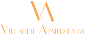 Logo for Villager Apartments featuring the letters "VA" in a stylized dark green serif font.