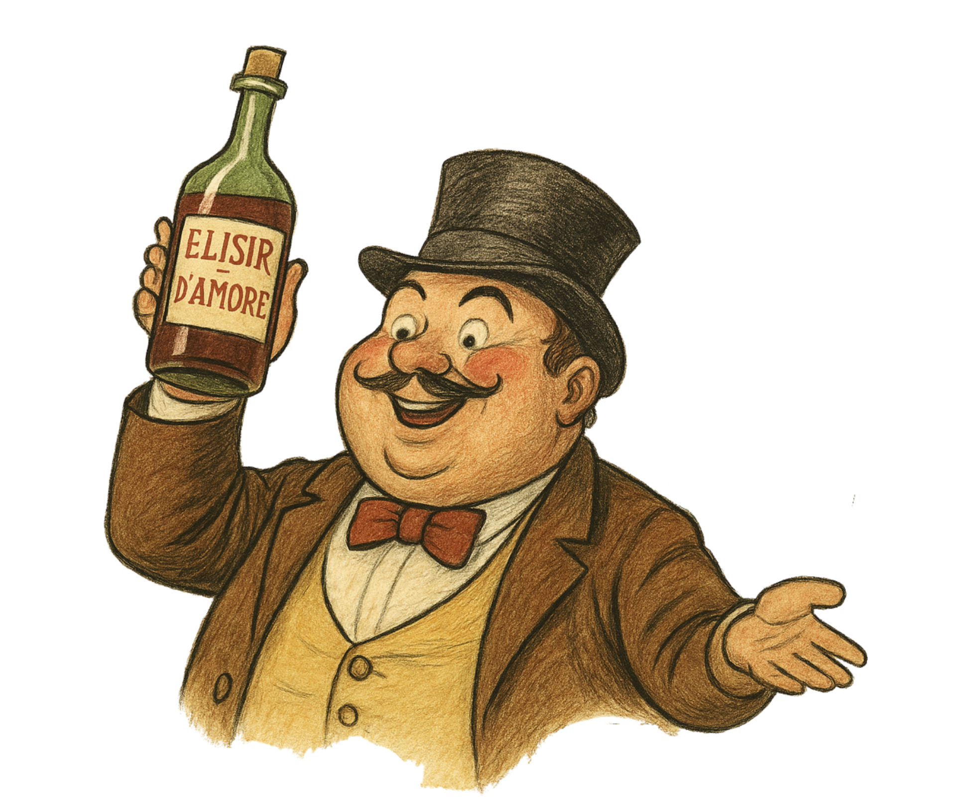 Gros monsieur avec l'elisir d'amore dans une bouteille