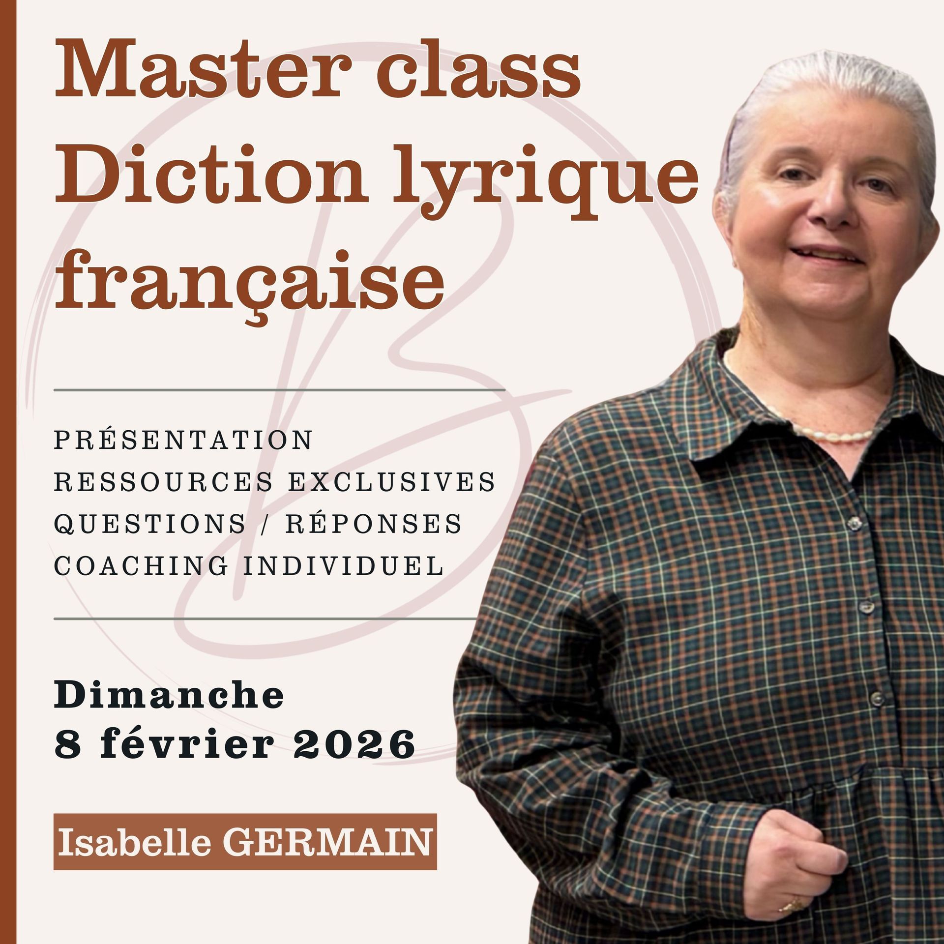 Flyer master class diction lyrique française avec Isabelle Germain