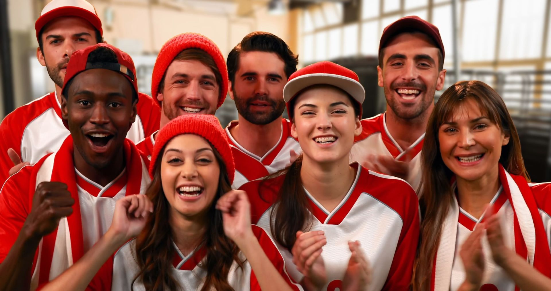 A group of people wearing red and white jerseys are posing for a picture.