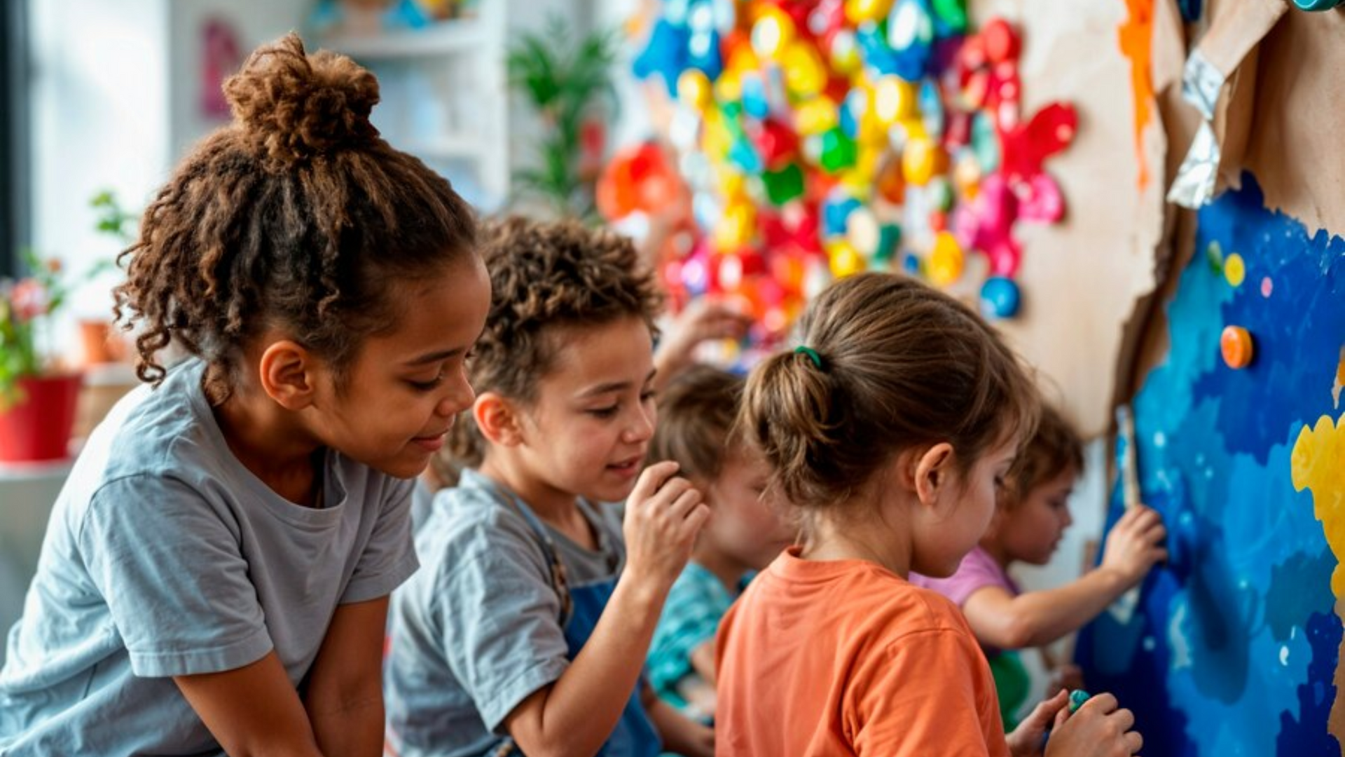 A group of children are painting a map of the world on a wall.