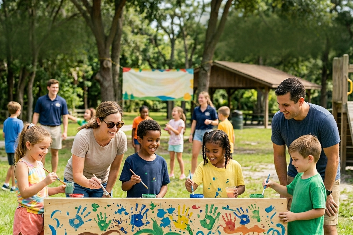 People enjoy a park activity painting a wooden board with colorful handprints.