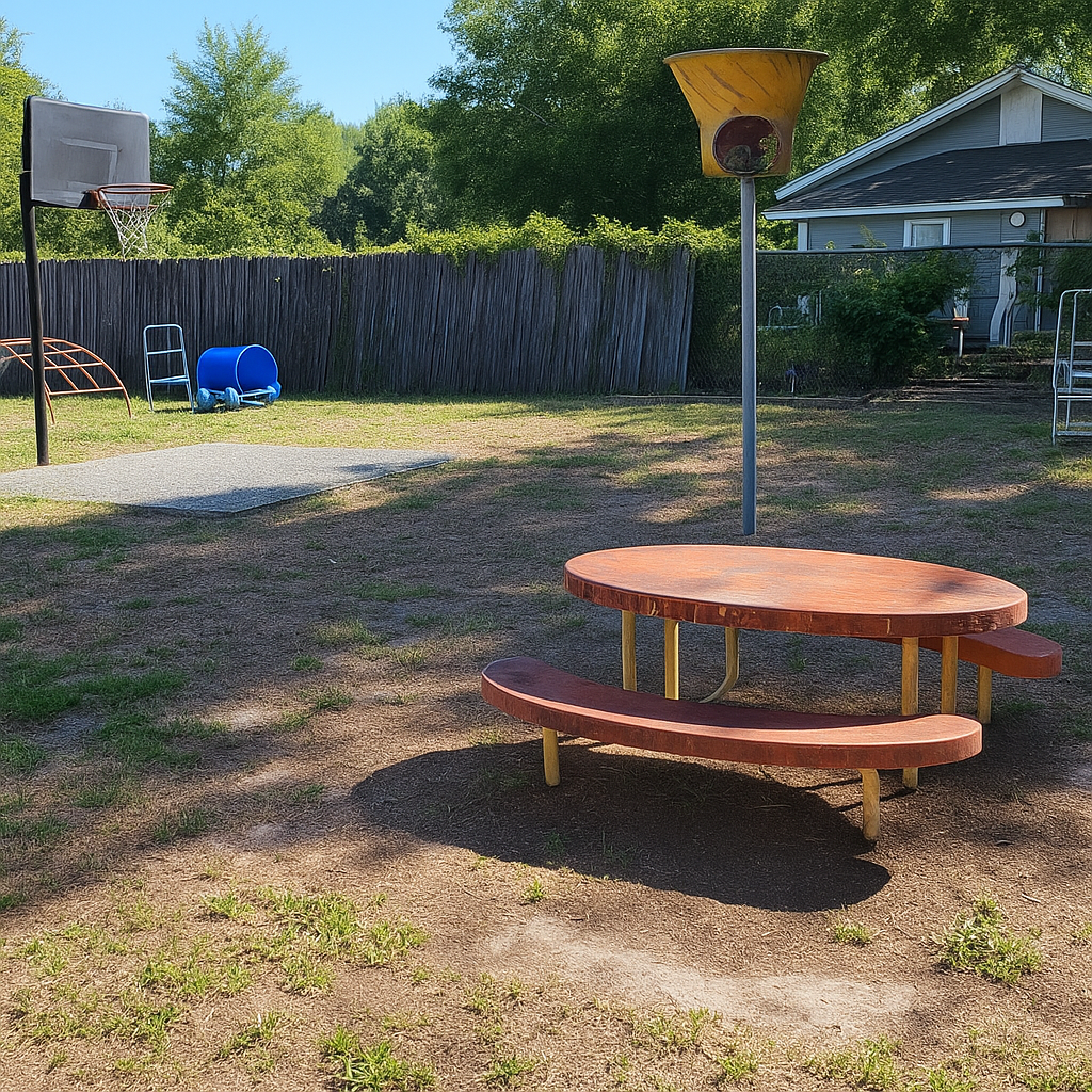 A playground with a picnic table, basketball hoop, and korfball hoop on a grassy area.