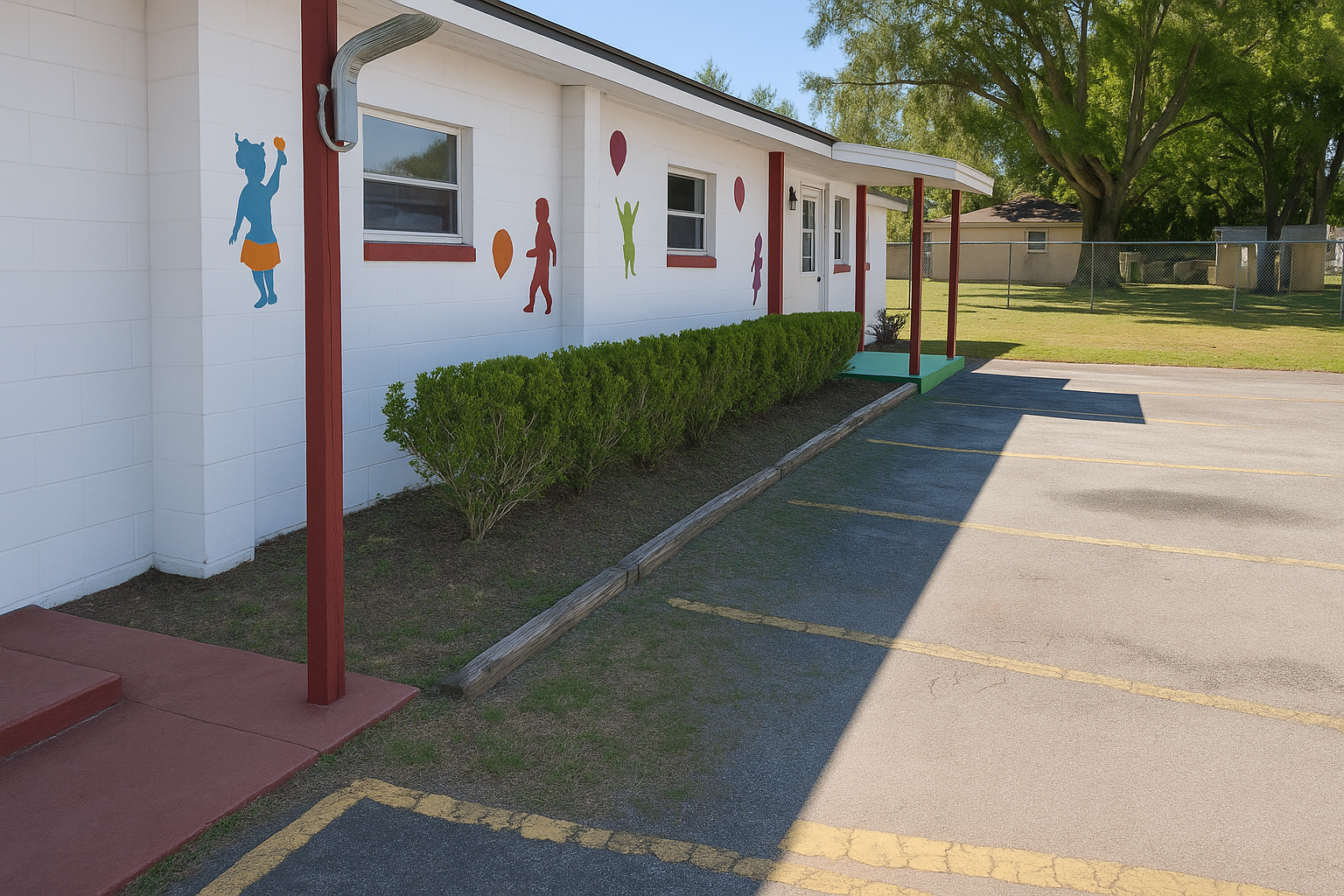 Exterior of a white building with colorful painted figures, bushes, and a paved walkway.