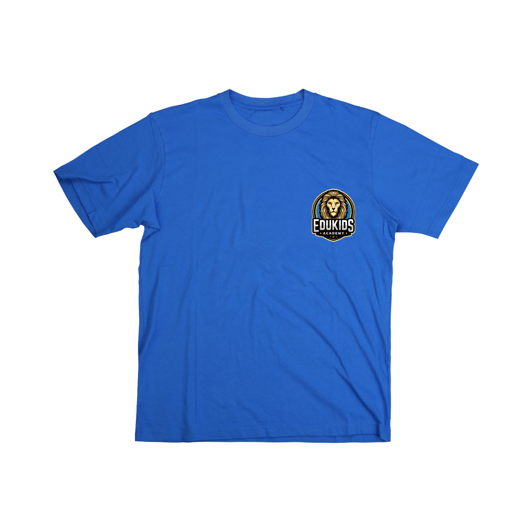 A blue t-shirt with a lion on the front.