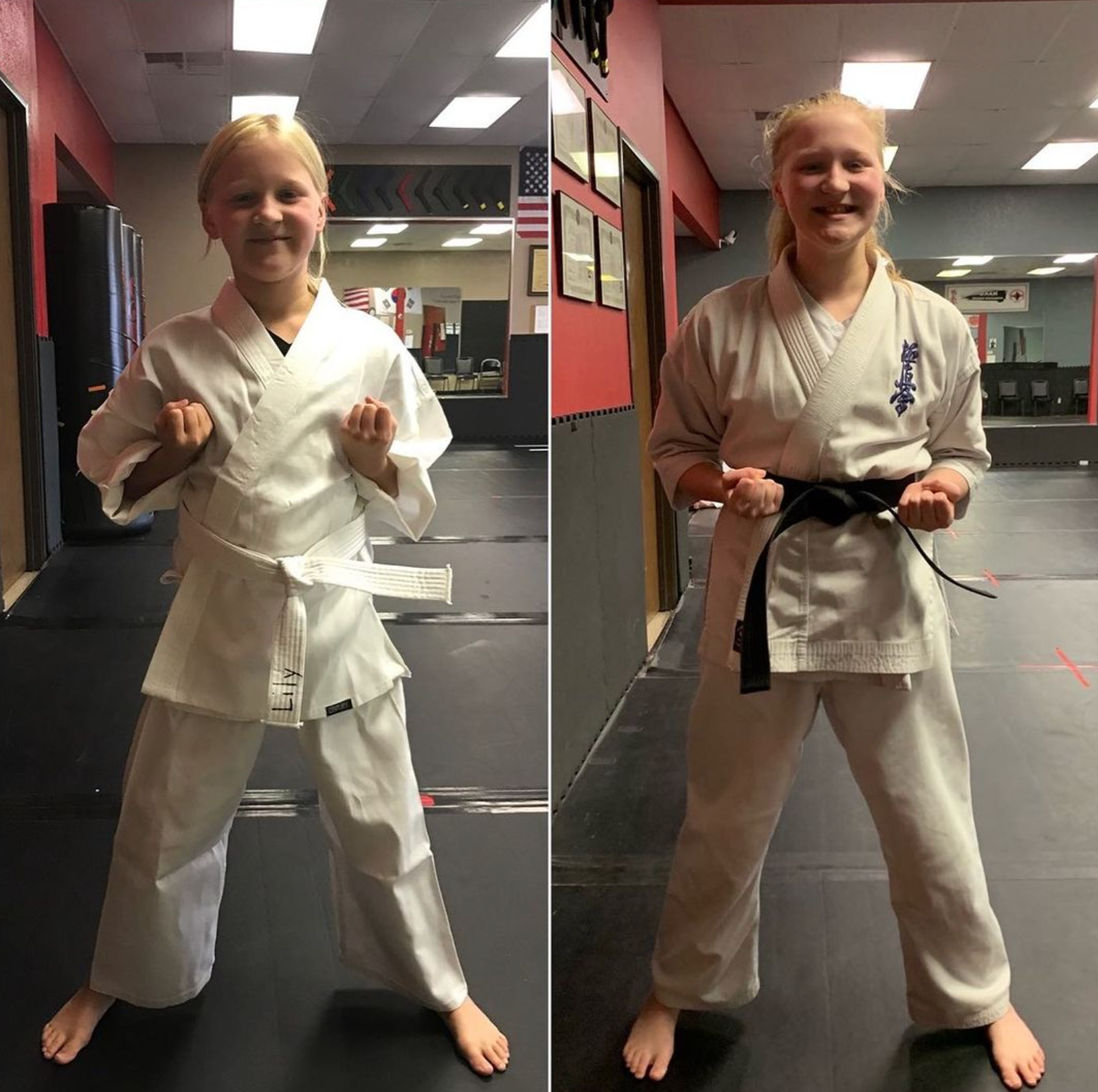 A girl in a white karate uniform with a black belt