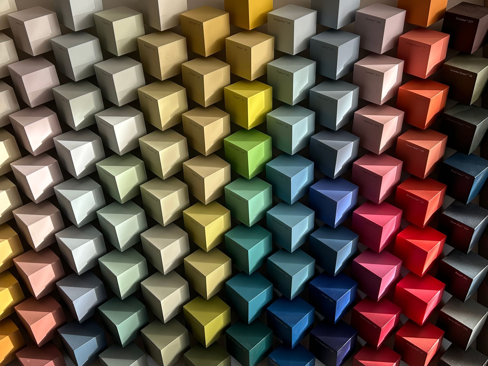 Reihen von bunten Würfeln in Regenbogenfarben, die wie eine Wand angeordnet sind.