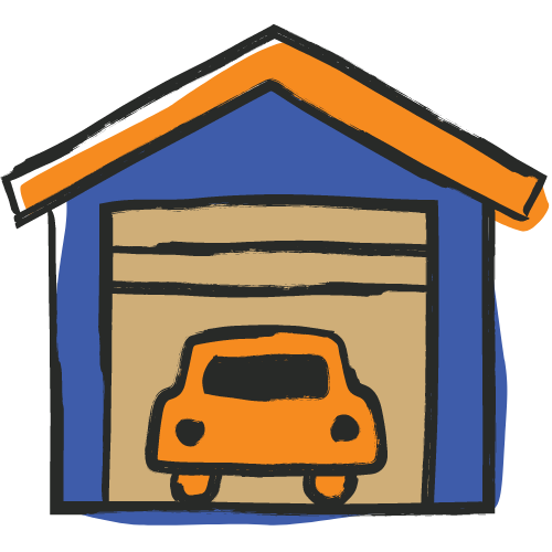A cartoon drawing of a garage with a car in it.